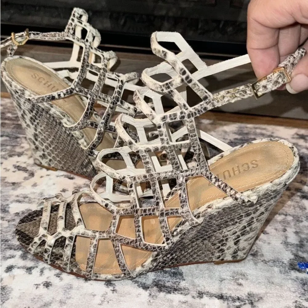 Schutz Python Snakeskin Wedge Sandals Size 10 Exotic Luxe Statement Heels